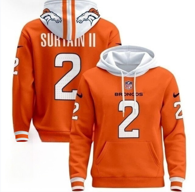 Men's Denver Broncos #2 Pat Surtain II Orange With 3-Time Champions Patch Pullover Hoodie